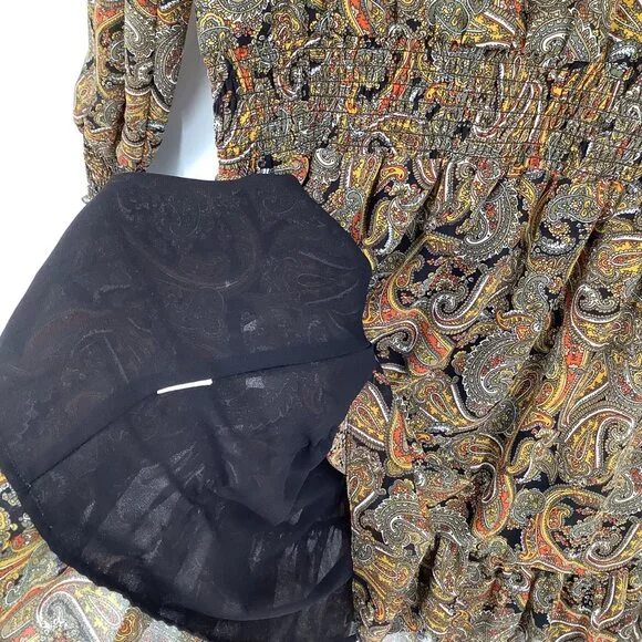 Michael Kors Mini Dress Size Large Black & Multicolor Paisley Sheer Long Sleeve - Picture 4 of 4